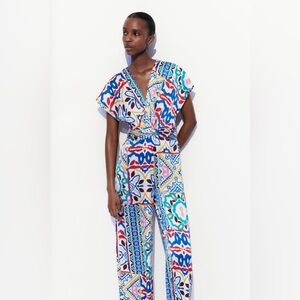 Zara Colorful Geometric Jumpsuit bohemian short sleeve prints satin effect